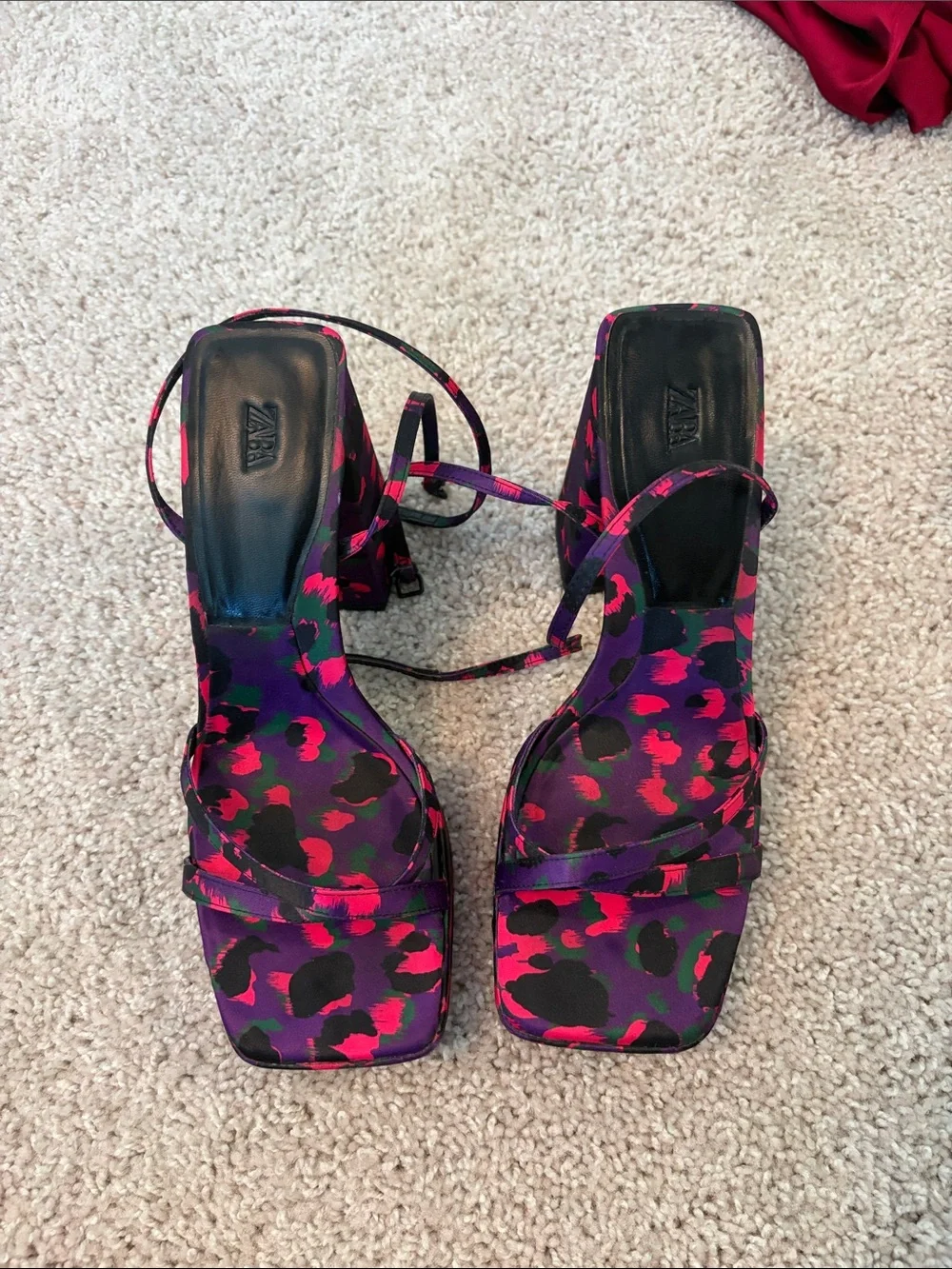 Zara Purple and Pink Printed Platform Satin Block Heels